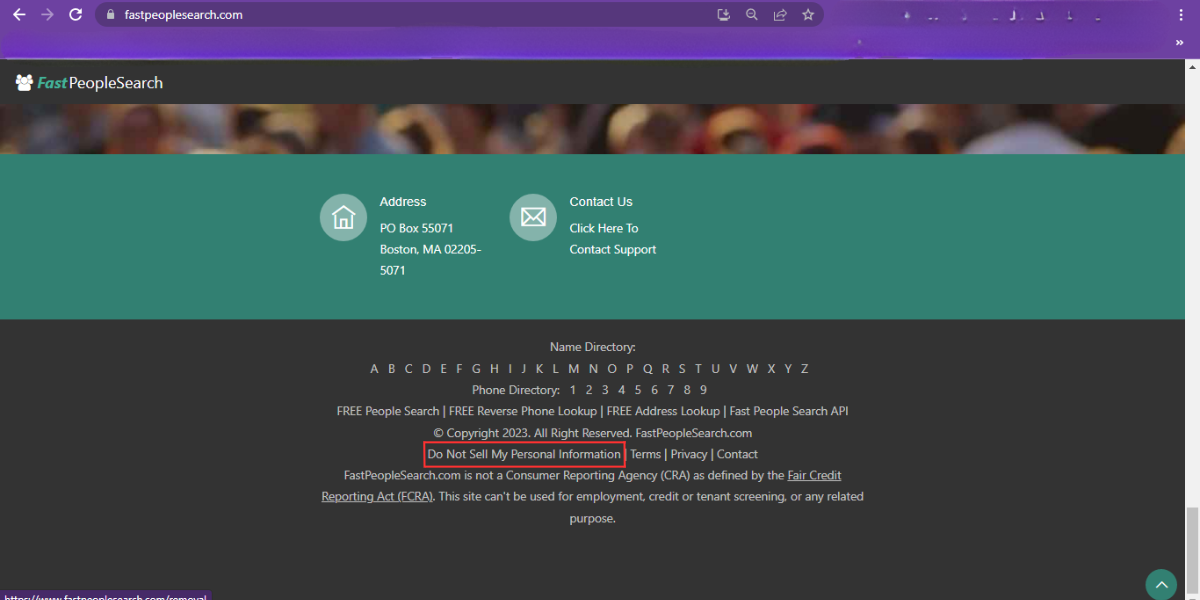 Don't Sell my Personal Info Page on Fastpeoplesearch