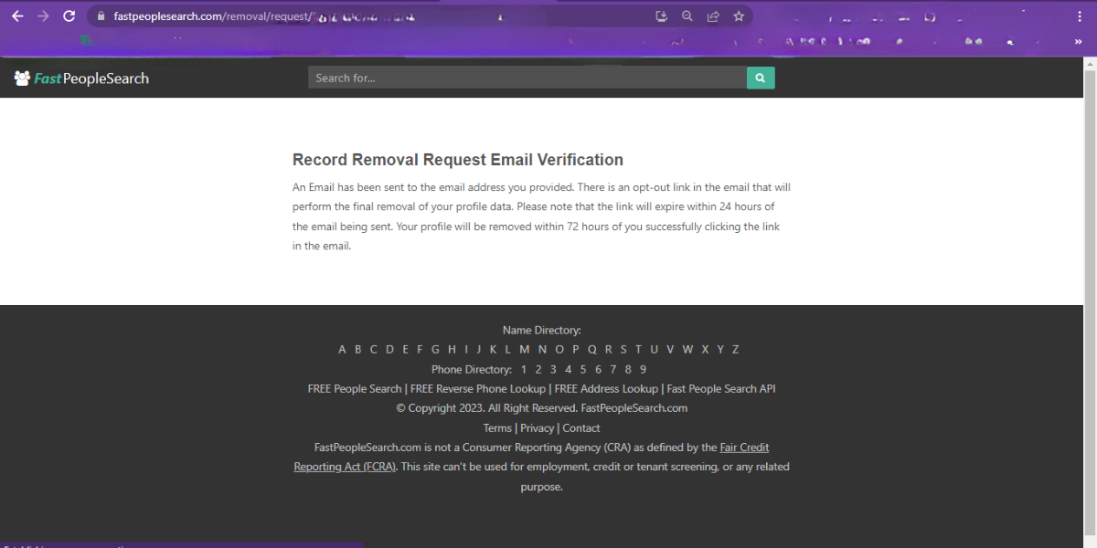 Record Removal Request from Fastpeoplesearch