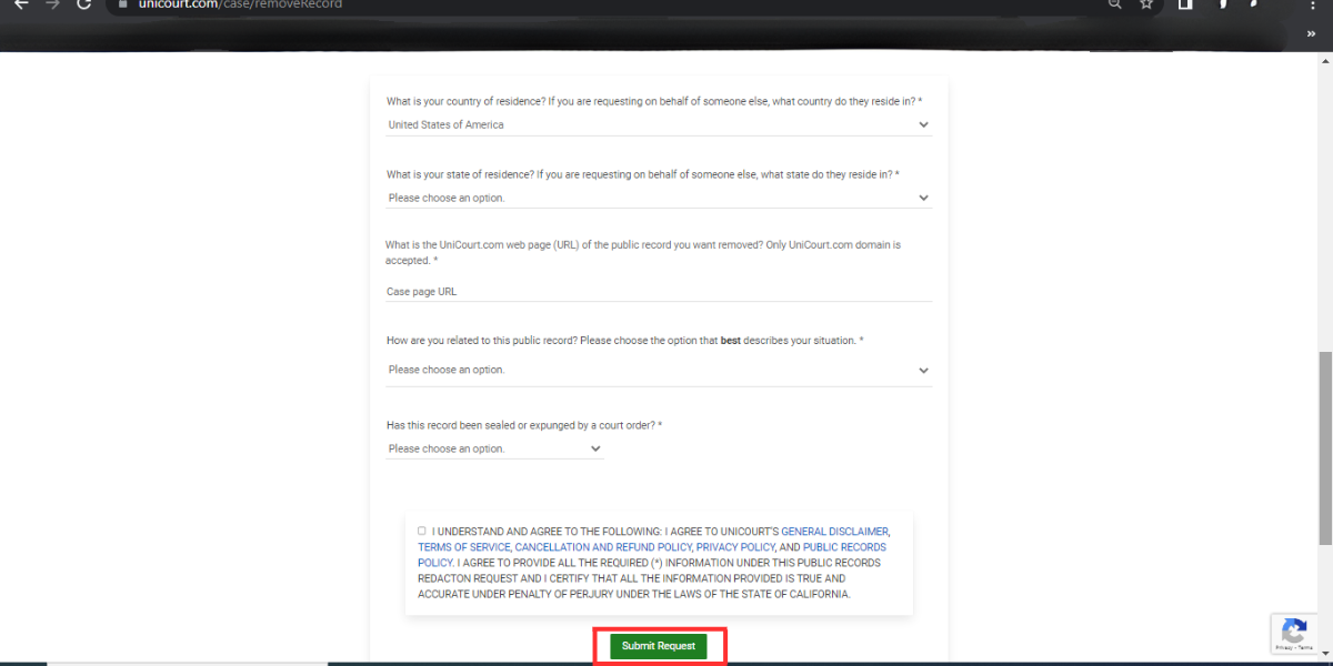 submit record removal request on unicourt