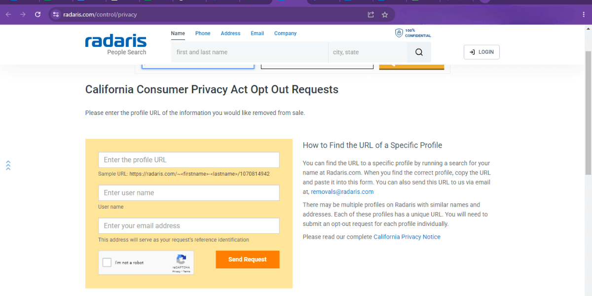 Opt out page for radaris.com