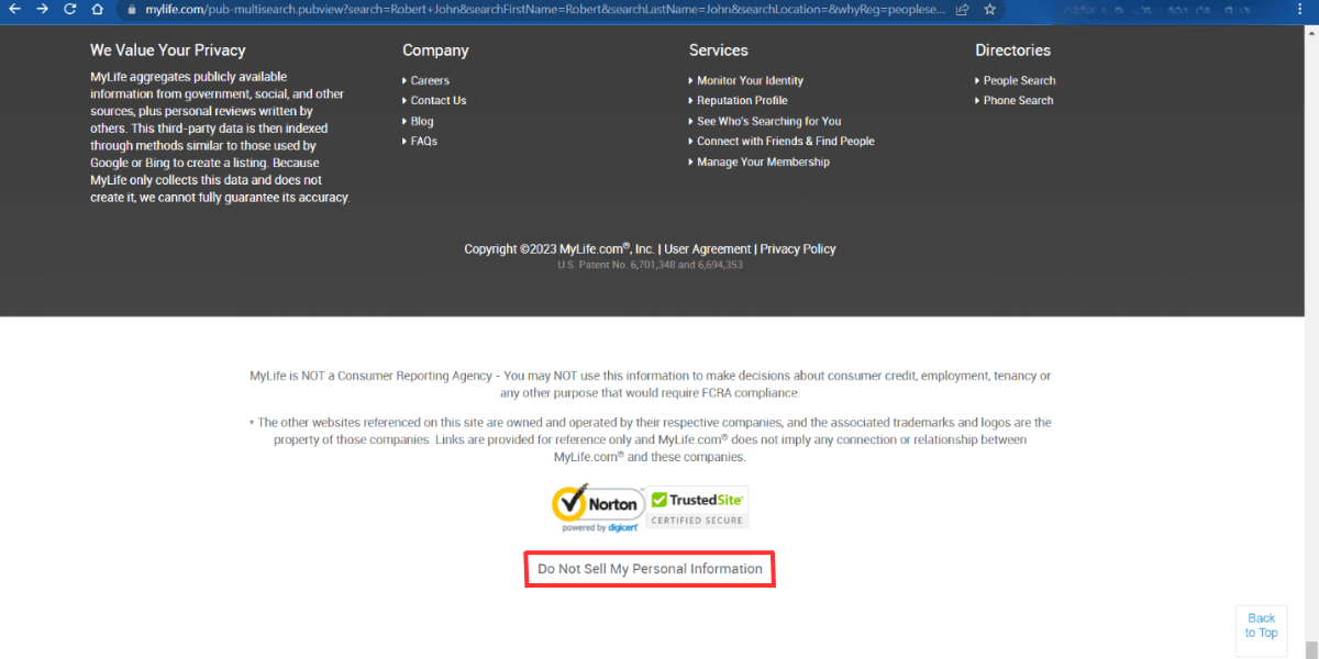 Dont sell my data page on mylife.com