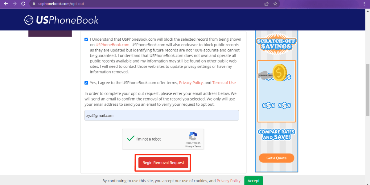 Begin Removal Request in USphone Book