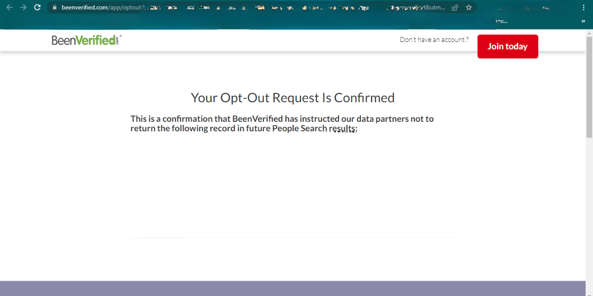 confirmation mesage for opt out of BeenVerified