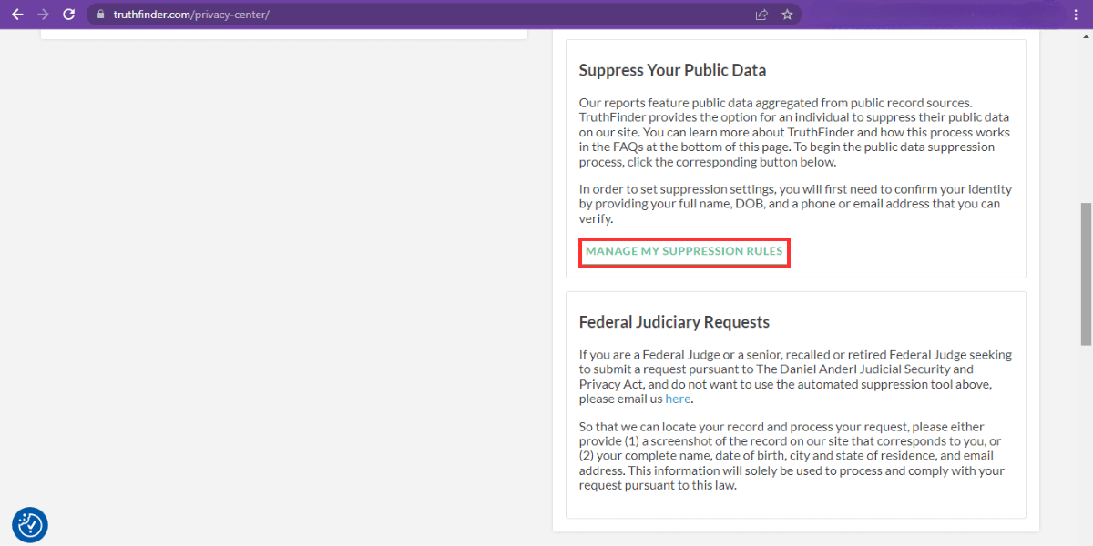 manage supression rules on truthfinder