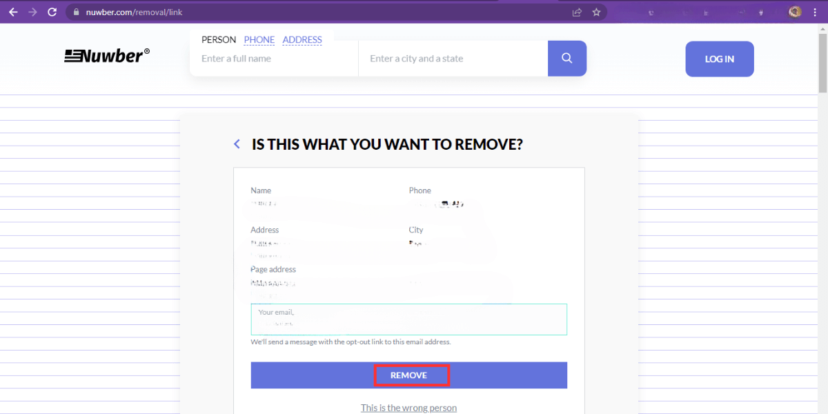 remove data from nuwber